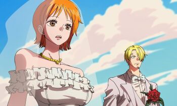 1boy 1girl bare_shoulders blonde_hair bridal_veil commentary_request curly_eyebrows dress earrings facial_hair flower goatee hair_over_one_eye highres jacket jewelry korean_commentary looking_ahead nami_(one_piece) necklace one_piece one_piece:_clockwork_island_adventure outdoors red_flower red_rose rose sanam_1piece sanji_(one_piece) short_hair veil wedding_dress white_jacket