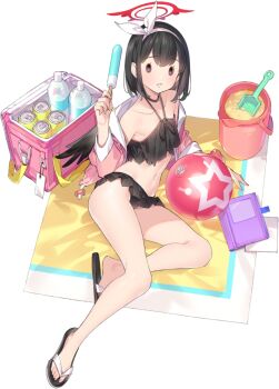 0_0 1girl :v arm_support ball bare_shoulders beach_towel beachball bikini black_bikini black_choker black_hair black_sandals blank_eyes blue_archive blush bob_cut book bottle bucket can choker collarbone cooler double-parted_bangs drawstring drink_can feet female_focus flat_chest frilled_bikini frills from_above full_body game_asset hairband halo halterneck hand_up holding_food holding_popsicle jacket large_variant_set legs long_sleeves looking_at_viewer lying mashiro_(blue_archive) mashiro_(swimsuit)_(blue_archive) navel off_shoulder official_art on_side open_clothes open_jacket pink_jacket popqn popsicle purple_eyes red_halo sand sandals short_hair sidelocks soda_can solo spade stomach swimsuit tachi-e thighs third-party_source towel transparent_background variant_set white_hairband