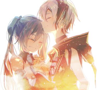 2girls androgynous aqua_hair aqua_necktie bandaged_arm bandages bare_shoulders black_hair black_jacket black_sleeves bloom closed_eyes commentary detached_sleeves double_exposure flower_(vocaloid) flower_(vocaloid4) grin hand_on_another&#039;s_shoulder hatsune_miku height_difference highres jacket karanagare kissing_head light_particles long_hair multicolored_hair multiple_girls necktie own_hands_together shirt short_hair sleeveless sleeveless_jacket sleeveless_shirt smile streaked_hair twintails upper_body vocaloid white_background white_hair white_shirt