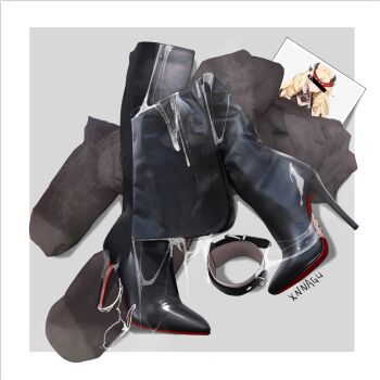 1girl bar_censor black_dress black_footwear black_pantyhose blindfold blonde_hair boots breasts censored censored_identity covered_eyes cum cum_on_clothes dress high_heel_boots high_heels horns long_hair pantyhose photo_(object) solo stiletto_heels xnnagu