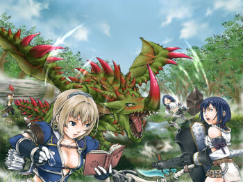 Rule 34 | 2boys, 2girls, am., arrow (projectile), azure (armor), bare shoulders, blue eyes, blue hair, book, breasts, brown hair, capcom, cleavage, espinas, hairband, horns, kirin (armor), monster, monster hunter (series), monster hunter frontier, multiple boys, multiple girls, open mouth, short hair, single horn, tagme, tree, weapon