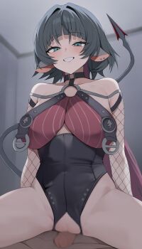 1boy 1girl absurdres animal_ears breasts censored commentary cowgirl_position english_commentary fishnet_sleeves fishnets green_eyes hetero highres imminent_penetration imminent_vaginal jane_doe_(nocturne_of_light)_(zenless_zone_zero) jane_doe_(zenless_zone_zero) large_breasts mosaic_censoring mouse_ears mouse_girl mouse_tail official_alternate_costume paid_reward_available penis redshark_(t373412) smile straddling tail two-tone_one-piece_swimsuit zenless_zone_zero