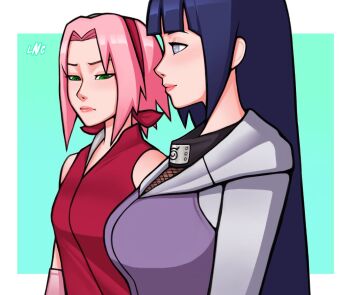 2girls blue_hair blunt_bangs blush breast_envy breasts closed_mouth fishnets from_side green_eyes haruno_sakura head_ribbon headband_around_neck hood hood_down hoodie hyuuga_hinata konohagakure_symbol large_breasts purple_eyes lips long_hair loodncrood looking_at_breasts multiple_girls naruto_(series) naruto_shippuuden no_pupils parted_bangs pink_hair short_hair sidelocks sleeveless small_breasts upper_body