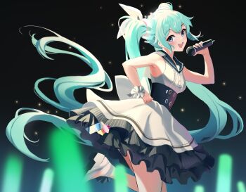 1girl :d aqua_eyes aqua_hair armpits black_sailor_collar blue_archive blue_eyes blurry blush breasts commentary_request cowboy_shot depth_of_field dress frilled_dress frills from_side glowstick green_hair hair_between_eyes hair_spread_out hand_on_own_hip hand_up hatsune_miku hatsune_miku_(blue_archive) head_tilt highres holding holding_microphone light_particles long_hair looking_at_viewer looking_down medium_breasts microphone music nail_polish open_mouth revision sailor_collar shoes sidelighting sidelocks singing sleeveless sleeveless_dress smile solo stage standing standing_on_one_leg stone_(ksorede) teeth twintails upper_teeth_only very_long_hair vocaloid white_dress white_shoes white_wrist_cuffs wrist_cuffs