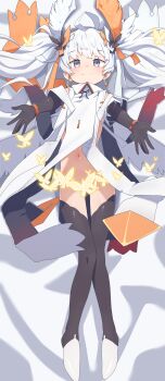 1girl absurdres angel_wings black_gloves black_jacket black_thighhighs breasts closed_mouth dress gloves grey_eyes head_wings highres jacket looking_at_viewer multicolored_jacket navel onion_(tamanegi) shoes small_breasts smile solo tama_(wixoss) thighhighs twintails two-tone_jacket white_dress white_hair white_jacket white_shoes wings wixoss