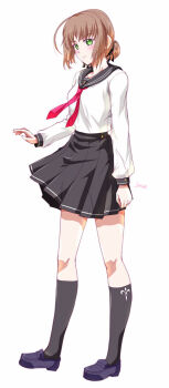 1girl artist_name black_socks blush bob_cut braid brown_hair bun_with_braided_base clothes_lift duvalie eiyuu_densetsu green_eyes hair_bun hajimari_no_kiseki loafers necktie red_necktie school_uniform shoes short_hair simple_background single_hair_bun skirt skirt_lift socks solo tachi-e white_background xiacheng_tatsuya