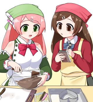 Rule 34 | 2girls, apron, bow, bowl, bowtie, brown eyes, brown hair, chocolate making, collared dress, commentary request, cookie cutter, cutting board, detached sleeves, dress, green eyes, hair ornament, hairclip, headscarf, highres, holding, holding notepad, knife, long hair, long sleeves, looking down, mixing, mixing bowl, momone momo, momose momo (utau), multiple girls, notepad, open mouth, pink hair, robot ears, saruyama ushirou, sleeveless, sleeveless dress, smile, table, tray, utau, valentine, writing
