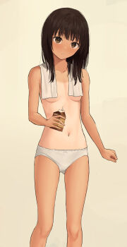 1girl absurdres breasts brown_eyes brown_hair carton chocolate_milk dark-skinned_female dark_skin drink_carton drinking_straw female_focus highres holding holding_milk_carton itsuki_nofuji looking_at_viewer medium_hair milk_carton navel one-piece_tan original panties small_breasts solo tan tanline topless_female towel towel_around_neck underwear