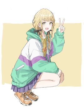 1girl absurdres black_ribbon blonde_hair blue_skirt blush braid commentary fang fujita_kotone gakuen_idolmaster hair_ribbon highres hood hooded_jacket idolmaster jacket legs_together long_hair looking_at_viewer looking_to_the_side multicolored_jacket open_clothes open_jacket paladidao123 pleated_skirt ribbon shirt shoes simple_background skin_fang skirt smile sneakers solo squatting twin_braids v yellow_eyes yellow_shirt yellow_shoes