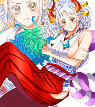 1girl absurdres aqua_hair breasts closed_mouth crossed_arms earrings hair_ornament highres hoop_earrings horns japanese_clothes jewelry kimono large_breasts long_hair looking_at_viewer one_piece orange_eyes rope shimenawa sideboob sidelocks simple_background sleeveless sleeveless_kimono solo white_background white_hair white_kimono yamato_(one_piece)