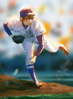 1boy ace_of_diamond baseball baseball_cap baseball_glove baseball_uniform blue_pants brown_eyes brown_hair chinese_commentary commentary_request compression_shirt hat highres male_focus momoyoru1 pants parted_lips pitching sawamura_eijun short_hair socks_over_pants solo sportswear standing standing_on_one_leg teeth white_pants
