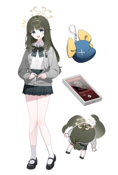 1girl absurdres animal_charm ankle_socks black_shoes blue_archive blue_eyes blunt_bangs bocchi_the_rock! bow bowtie brown_halo cardigan charm_(object) chibi collar collared_shirt diagonal-striped_bow diagonal-striped_bowtie diagonal-striped_clothes dong_ji emblem green_bow green_bowtie green_hair grey_cardigan guns_n&#039;_roses hair_intakes halo headband headbanging highres long_hair meme music open_cardigan open_clothes open_mouth phone pleated_skirt shirt shoes simple_background skirt socks solo striped_bow striped_bowtie striped_clothes surprised tsumugi_(blue_archive) white_background white_shirt white_socks wild_hunt_academy_of_arts_logo