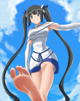 1girl armpits barefoot conejologia dungeon_ni_deai_wo_motomeru_no_wa_machigatteiru_darou_ka hestia_(danmachi) highres soles teeth toes twintails