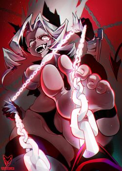 1girl artist_logo black_horns bra breasts chain clawed_gauntlets cleavage demon_girl demon_horns demon_tail fangs feet femdom toes from_below gauntlets gloves glowing glowing_eyes helltaker highres horns judgement_(helltaker) large_breasts leash logo looking_at_viewer navel open_clothes open_mouth partially_visible_vulva pov ringed_eyes soles solo spiked_horns stepped_on stirrup_legwear string tail toeless_legwear toes underboob underwear viewer_on_leash white_eyes white_hair yeougui