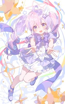 1girl :d ahoge back_bow blue_archive blush bow bowtie byyy_(user_xgka2437) chinese_commentary chromatic_aberration commentary_request double-parted_bangs double_v drill_hair earrings frilled_skirt frills full_body hair_between_eyes hair_ornament halo head_tilt highres jacket jewelry knees_together_feet_apart leg_up long_hair looking_at_viewer magical_girl making-of_available multicolored_eyes multicolored_hair no_gloves no_legwear official_alternate_costume official_alternate_hairstyle open_mouth outstretched_arms pink_bow pink_hair pink_halo puffy_short_sleeves puffy_sleeves purple_bow purple_bowtie purple_eyes purple_hair purple_jacket purple_shoes reisa_(blue_archive) reisa_(magical)_(blue_archive) shirt shoes short_sleeves skirt smile solo sparkle star_(symbol) star_earrings star_hair_ornament star_halo twin_drills twintails two-tone_eyes two-tone_hair v white_background white_shirt white_skirt wing_hair_ornament winged_shoes wings yellow_eyes