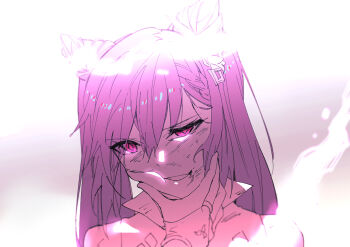 2girls beaten blurry blurry_background bridal_gauntlets bruise captured cheek_squash collarbone damaged defeat electricity fare female_pov genshin_impact hair_between_eyes hands_on_another&#039;s_cheeks hands_on_another&#039;s_face head_tilt highres implied_yuri injury keqing_(genshin_impact) mixed-language_commentary monochrome multiple_girls partially_colored pov pov_hands purple_eyes purple_hair raiden_shogun restrained shade smile solo_focus teeth twintails upper_body