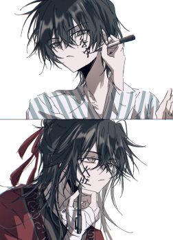 2059700477 2boys alternate_universe bandaged_arm bandaged_hand bandaged_neck bandages bishounen black_eyes black_hair black_hanfu body_writing calligraphy_brush chinese_clothes chinese_commentary closed_mouth coat collared_shirt commission dao_gui_yi_xian drawing_on_own_face dual_persona hair_between_eyes hair_bun hair_ribbon half_updo hanfu highres holding holding_pen hospital_gown kimi_no_na_wa. li_huowang li_huowang_(modern_world) long_hair long_sleeves looking_at_viewer male_focus messy_hair multiple_boys official_alternate_costume official_alternate_hair_length official_alternate_hairstyle paintbrush pen red_coat red_eyes red_ribbon ribbon scene_reference second-party_source shirt short_hair simple_background single_hair_bun split_screen striped_clothes striped_shirt vertical-striped_clothes vertical-striped_shirt white_background white_shirt