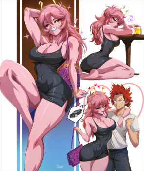 1boy 1girl alcohol ashido_mina ass bag barefoot beer beer_mug black_dress black_pants boku_no_hero_academia breasts cleavage colored_skin commentary cup denim dress drunk felox08 handbag heart hetero highres holding holding_bag horns jeans kirishima_eijiro large_variant_set long_hair mug pants pink_hair pink_skin red_hair shirt spiked_hair variant_set white_shirt yellow_eyes yellow_horns