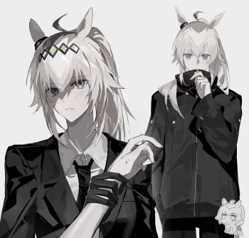 1girl 1other absurdres ahoge ambiguous_gender animal_ears bandaid bandaid_on_cheek bandaid_on_face black_gloves black_jacket black_necktie black_pants blue_eyes chibi chibi_inset collared_shirt color_drain covered_mouth diamond_hairband dress_shirt ear_ornament expressionless gloves grey_background hair_between_eyes hair_flaps hair_over_shoulder hairband high_collar highres holding_another&#039;s_wrist horse_ears horse_girl jacket jitome lapels long_hair long_sleeves looking_at_viewer multiple_views necktie notched_lapels oguri_cap_(umamusume) pants partially_shaded_face pinching ponytail popped_collar pov pov_hands qing_yan_xia shirt sidelocks simple_background standing suit_jacket sweatdrop tearing_up umamusume unamused white_hair white_shirt windbreaker wing_collar zipper zipping