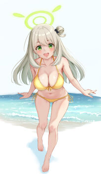 1girl :d bare_arms bare_legs barefoot bikini black_bow blue_archive blush bow breasts brown_hair ca_paria cleavage full_body green_eyes green_halo hair_between_eyes hair_bow hair_rings halo highres large_breasts looking_at_viewer nonomi_(blue_archive) nonomi_(swimsuit)_(blue_archive) ocean official_alternate_costume open_mouth side-tie_bikini_bottom sidelocks simple_background smile solo standing swimsuit toes upper_body white_background yellow_bikini