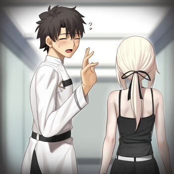 1boy 1girl artoria_pendragon_(fate) belt besmiled black_belt black_ribbon black_shirt blurry blurry_background blush closed_eyes collared_shirt commentary_request fate/grand_order fate_(series) flying_sweatdrops fujimaru_ritsuka_(male) hair_ribbon highres indoors long_hair long_sleeves looking_back open_mouth ponytail ribbon saber_alter saber_alter_(ver._shinjuku_1999) shirt short_hair sidelocks smile walking waving white_belt white_shirt