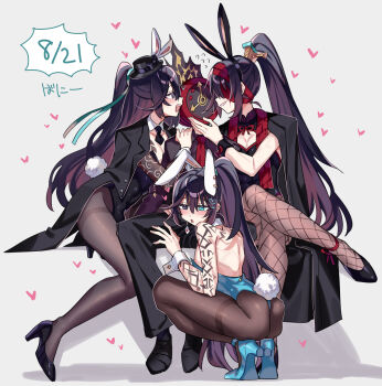 1other 3boys animal_ears aqua_eyes black_eyes black_hair black_hat black_leotard blue_leotard blue_shoes brown_pantyhose bulge commentary_request dante_(limbus_company) earrings half_updo hat heart heterochromia high_ponytail highres hong_lu_(project_moon) hongyuan_(identity)_(project_moon) jewelry kurokumo_clan_(identity)_(project_moon) leotard limbus_company long_hair male_playboy_bunny multiple_boys open_mouth pantyhose pectoral_cleavage pectorals ponytail project_moon rabbit_ears shiki_(shikki46) shoes smile tingtang_gang_(identity)_(project_moon) very_long_hair