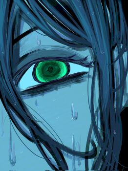 1girl black_background blue_hair blue_theme chainsaw_man close-up commentary english_commentary eye_focus green_eyes highres looking_at_viewer rinneko_art solo wet