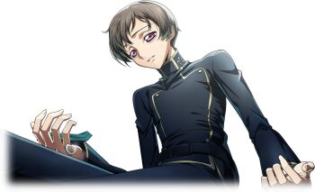 ashford_academy_school_uniform belt black_jacket black_pants brown_hair code_geass code_geass:_lost_stories f4samurai game_cg highres holding jacket multiple_boys official_art pants purple_eyes rolo_lamperouge school_uniform short_hair