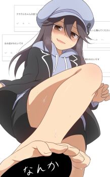 1girl bare_legs barefoot black_hair black_jacket black_shorts blush brown_eyes character_request copyright_request curakuru fang feet foot_focus foreshortening grey_hat grey_hoodie hair_between_eyes hat highres hood hood_down hoodie jacket legs long_hair long_sleeves looking_at_viewer open_clothes open_jacket shorts skin_fang solo stepping sweatdrop toenails toes white_background