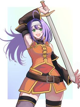 1girl :d ahoge aonagimay armpits belt blue_background border breasts commentary_request detached_sleeves double-parted_bangs fire_emblem fire_emblem:_path_of_radiance fire_emblem:_radiant_dawn floating_hair gradient_background green_background green_eyes hair_between_eyes headband highres holding holding_sword holding_weapon long_hair long_sleeves medium_breasts mia_(fire_emblem) nintendo open_mouth purple_hair simple_background skindentation smile solo sword thighhighs thighs upper_body very_long_hair weapon white_border white_headband wide_sleeves
