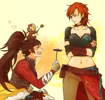 :d animal animal_on_head brown_hair brown_pants closed_eyes crop_top crossed_arms detached_sleeves flower hiura_(nanasupa2000) holding holding_flower kneeling long_hair looking_at_another maeda_keiji_(sengoku_basara) medium_hair monkey navel on_head open_mouth orange_hair pants saika_magoichi_(sengoku_basara) sengoku_basara smile smirk yumekichi