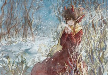 1girl bare_tree blush brown_hair chinese_commentary closed_mouth commentary_request cowboy_shot day dress ge_dazuo green_eyes hair_between_eyes highres horns long_sleeves original outdoors red_dress red_horns scarf short_hair_with_long_locks smile snow snowing solo tree winter yellow_scarf