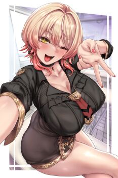 1girl ;d black_shirt black_skirt blonde_hair blush breasts cleavage collarbone crossed_legs gradient_hair highres large_breasts long_sleeves looking_at_viewer multicolored_hair nijisanji nui_sociere one_eye_closed open_mouth red_hair shirt skirt smile solo thighs virtual_youtuber yaruku yellow_eyes