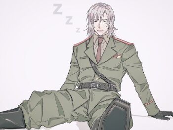 Rule 34 | 1boy, an chovy, baggy pants, belt, black belt, black boots, black gloves, boots, buttons, closed eyes, collared shirt, commentary, drooling, english commentary, gloves, green jacket, green pants, grey hair, grey shirt, hair between eyes, highres, ivan raidenovitch raikov, jacket, lapels, long sleeves, male focus, metal gear (series), metal gear solid 3: snake eater, military jacket, military uniform, necktie, no headwear, open mouth, pants, red necktie, shadow, shirt, short hair, simple background, sitting, sleeping, solo, soviet army, spread legs, teeth, white background, zzz