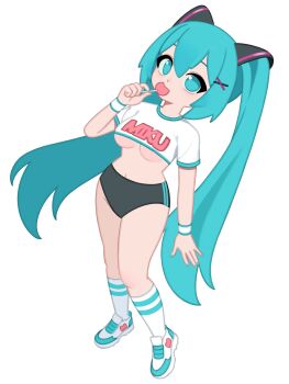 1girl alternate_costume black_buruma blue_eyes blue_hair blue_nails breasts buruma candy character_name food full_body hair_ornament hatsune_miku highres holding holding_candy holding_food holding_lollipop lollipop looking_at_viewer monster_l_(hochihochiha) nail_polish print_shirt shirt shoes simple_background sneakers socks solo standing twintails underboob vocaloid white_background white_shirt white_socks white_wrist_cuffs wrist_cuffs x_hair_ornament