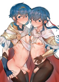 2boys absurdres blue_eyes blue_hair byefrog fire_emblem fire_emblem:_genealogy_of_the_holy_war fire_emblem:_shadow_dragon fire_emblem_heroes highres marth_(fire_emblem) midriff multiple_boys navel nintendo nipples penis seliph_(fire_emblem) seliph_(resplendent)_(fire_emblem) small_penis testicles upper_body yaoi
