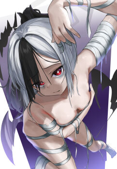 Rule 34 | 1girl, absurdres, alternate costume, arm up, bags under eyes, bandaged arm, bandaged fingers, bandaged foot, bandaged leg, bandages, bare shoulders, black hair, black horns, blue archive, blush, breast press, breasts, breasts apart, bright pupils, closed mouth, collarbone, commentary, covering breasts, covering privates, demon girl, demon horns, demon wings, downblouse, dutch angle, eyelashes, eyes visible through hair, foot out of frame, foreshortening, furrowed brow, grey hair, grey halo, hair between eyes, hair intakes, halloween costume, halo, highres, horns, kayoko (blue archive), koutannkoburia, light blush, long hair, looking at viewer, low wings, multicolored hair, mummy costume, naked bandage, ponytail, red eyes, small breasts, solo, standing, thighs, tsurime, two-tone hair, upturned eyes, white pupils, wings