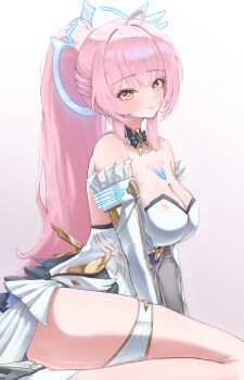 Rule 34 | 1girl, absurdres, aemeath (wuthering waves), ahoge, bare shoulders, blush, breasts, cleavage, closed mouth, commentary, elbow gloves, from side, gloves, gradient background, highres, hodissi, large breasts, leotard, long hair, looking at viewer, looking to the side, pink hair, ponytail, skirt, smile, solo, star-shaped pupils, star (symbol), strapless, strapless leotard, symbol-shaped pupils, tacet mark (wuthering waves), thighs, turning head, white gloves, white leotard, white skirt, wuthering waves, yellow eyes