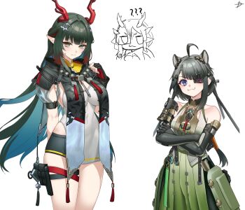 2girls :3 ? ?? absurdres ahoge arknights arknights:_endfield bare_shoulders black_gloves black_hair black_shorts black_sleeves blue_hair breasts closed_mouth collarbone colored_inner_hair commentary cosplay costume_switch covered_navel cowboy_shot crossed_arms d-log detached_sleeves dress eyepatch fang fingerless_gloves gloves green_dress green_eyes hair_intakes hair_ornament highres horns jewelry long_hair looking_at_viewer medium_breasts mi_fu_(arknights) multicolored_hair multiple_girls multiple_rings necklace one_eye_covered photoshop_(medium) pleated_dress pouch purple_eyes red_gloves red_hair red_horns ring short_hair_with_long_locks short_shorts shorts simple_background skin_fang sleeveless sleeveless_dress smile standing sweatdrop tangtang_(arknights) tangtang_(arknights)_(cosplay) tassel thigh_pouch white_background zhuang_fangyi_(arknights) zhuang_fangyi_(arknights)_(cosplay)