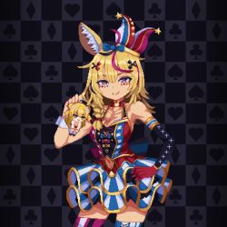 1girl animal_ear_fluff animal_ears animated blinking blonde_hair blue_bow bow braid breasts chibi cleavage clothing_cutout demonlordraizen double_bun elbow_gloves fox_ears fox_girl gloves hair_bow hair_bun hand_on_own_hip hat highres holding_person hololive jester_cap looping_animation medium_breasts mini_person minigirl momosuzu_nene multicolored_hair nail_polish navel navel_cutout omaru_polka omaru_polka_(1st_costume) open_mouth pink_hair pixel_art purple_eyes red_gloves single_elbow_glove single_glove solo_focus sticker streaked_hair thighhighs tilted_headwear two_side_up video virtual_youtuber wrist_cuffs