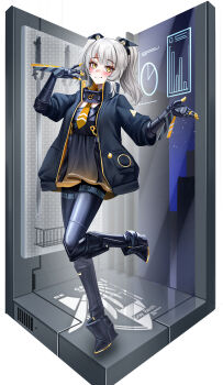 Rule 34 | absurdres, black dress, black jacket, collar, commission, cosplay, dress, full body, gradient clothes, gradient dress, grey hair, highres, jacket, karenina: scire (pgr), karenina (pgr), long hair, lucia: plume (pgr), lucia (pgr), manjo (warito), mechanical arms, mechanical legs, necktie, punishing: gray raven, red necktie, second-party source, sidelocks, twintails, two-sided fabric, two-sided jacket, yellow dress, yellow eyes, yellow jacket