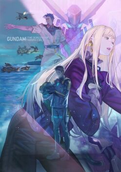 Rule 34 | 1girl, 2boys, blonde hair, blue eyes, blue sky, brown hair, commentary request, dark-skinned male, dark skin, earrings, gigi andalusia, gloves, gundam, gundam hathaway's flash, hathaway noa, helmet, highres, holding, holding unworn helmet, jewelry, kenneth sleg, long hair, mecha, mecha pilot suit, mecha request, military uniform, multiple boys, robot, shirt, short hair, sky, sora-bakabon, unworn headwear, unworn helmet, water