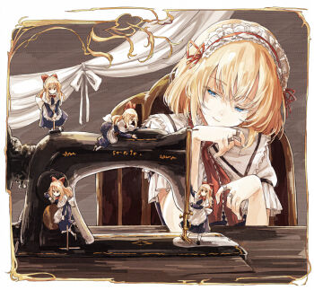 1girl alice_margatroid blonde_hair blue_eyes chair closed_mouth collared_dress dress hairband hisona_(suaritesumi) jewelry lolita_hairband machine puppet_rings ring shanghai_doll short_hair short_sleeves sitting smile touhou upper_body