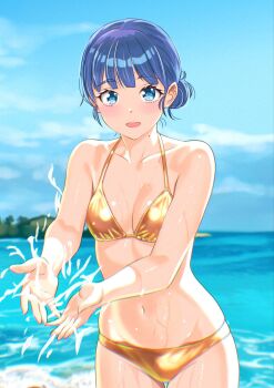 1girl :d basori_tiara bikini blue_eyes blue_hair blue_sky blurry blurry_background breasts collarbone commentary_request gold_bikini hair_bun highres kousan looking_at_viewer make_heroine_ga_oo_sugiru! mole mole_on_neck navel ocean open_mouth outdoors short_hair sky small_breasts smile solo splashing swimsuit wet