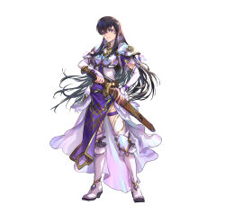 Rule 34 | 1girl, absurdres, armor, ayra (fire emblem), black hair, boots, breastplate, closed mouth, commentary request, dress, earrings, fire emblem, fire emblem: genealogy of the holy war, fire emblem heroes, full body, gold trim, high heel boots, high heels, highres, jewelry, long hair, looking at viewer, nintendo, official art, pauldrons, pelvic curtain, purple eyes, sheath, short sleeves, shoulder armor, simple background, smile, solo, standing, suzuki rika, sword, thighhighs, weapon, white background