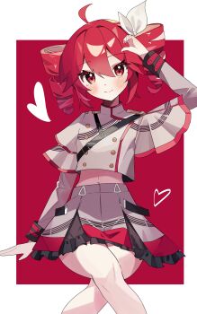 1girl absurdres ahoge belt black_belt border bow coco_irasuto double-parted_bangs drill_hair flat_chest grey_jacket grey_skirt hair_between_eyes hair_bow hair_ribbon highres jacket kasane_teto kasane_teto_(sv) layered_sleeves long_sleeves midriff_peek navel red_eyes red_hair ribbon shoulder_belt shoulder_boards simple_background sitting skirt skirt_set solo striped_clothes striped_jacket synthesizer_v twin_drills utau white_border white_bow white_ribbon