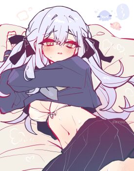 Rule 34 | 1girl, bang dream!, bang dream! it's mygo!!!!!, black ribbon, blue hair, blue shirt, blue skirt, blush, bra, breasts, commentary, hair ribbon, highres, kyou 039, long hair, lying, medium breasts, navel, open mouth, pleated skirt, ribbon, school uniform, shirt, sidelocks, skirt, solo, stomach, sweat, togawa sakiko, tsukinomori school uniform, two side up, underwear, white bra, yellow eyes