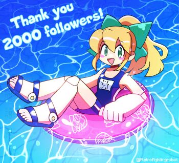 1girl :d absurdres artist_name blonde_hair blue_one-piece_swimsuit blush bow commentary english_commentary english_text green_bow green_eyes hair_bow highres innertube joints looking_at_viewer mega_man_(classic) mega_man_(series) milestone_celebration one-piece_swimsuit open_mouth ponytail retro_fighting_robot robot_joints roll_(mega_man) smile solo swim_ring swimsuit thank_you water