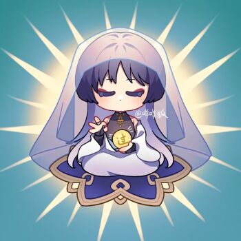 1boy aqua_background armpit_crease bare_shoulders black_bodysuit black_bridal_gauntlets blue_hat blue_kimono blunt_ends blush bodysuit bridal_gauntlets chibi closed_eyes colored_eyelashes eyelashes eyeliner eyeshadow full_body genshin_impact gold gold_ring hand_up hat japanese_clothes jingasa juban kimono makeup male_focus mandala mandarin_collar middle_ring mohu_116 mudra no_mouth off_shoulder ok_sign orb purple_hair purple_veil red_eyeliner red_eyeshadow scaramouche_(genshin_impact) see-through_clothes see-through_veil sitting solo straight-on translation_request twitter_username veil wanderer_(genshin_impact) white_kimono wispy_bangs yellow_aura