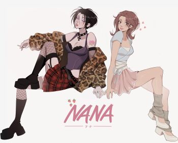 2girls animal_print arm_tattoo bare_shoulders black_boots black_hair boots breasts brown_eyes brown_hair character_name cigarette cleavage closed_eyes copyright_name cross cross_necklace earrings eyeshadow fishnet_sleeves fishnet_thighhighs fishnets flower_tattoo full_body garter_straps grey_leg_warmers grey_shirt high_heels highres holding holding_cigarette invisible_chair jacket jewelry komatsu_nana leg_warmers leopard_print makeup medium_breasts medium_hair midriff multiple_girls nana_(series) necklace off-shoulder_jacket off_shoulder osaki_nana parted_lips pink_skirt plaid_clothes plaid_skirt pleated_skirt print_jacket pumps punk red_skirt ribbed_leg_warmers shirt shmalloe short_hair sitting skirt smile smoking tattoo thighhighs white_background white_shirt